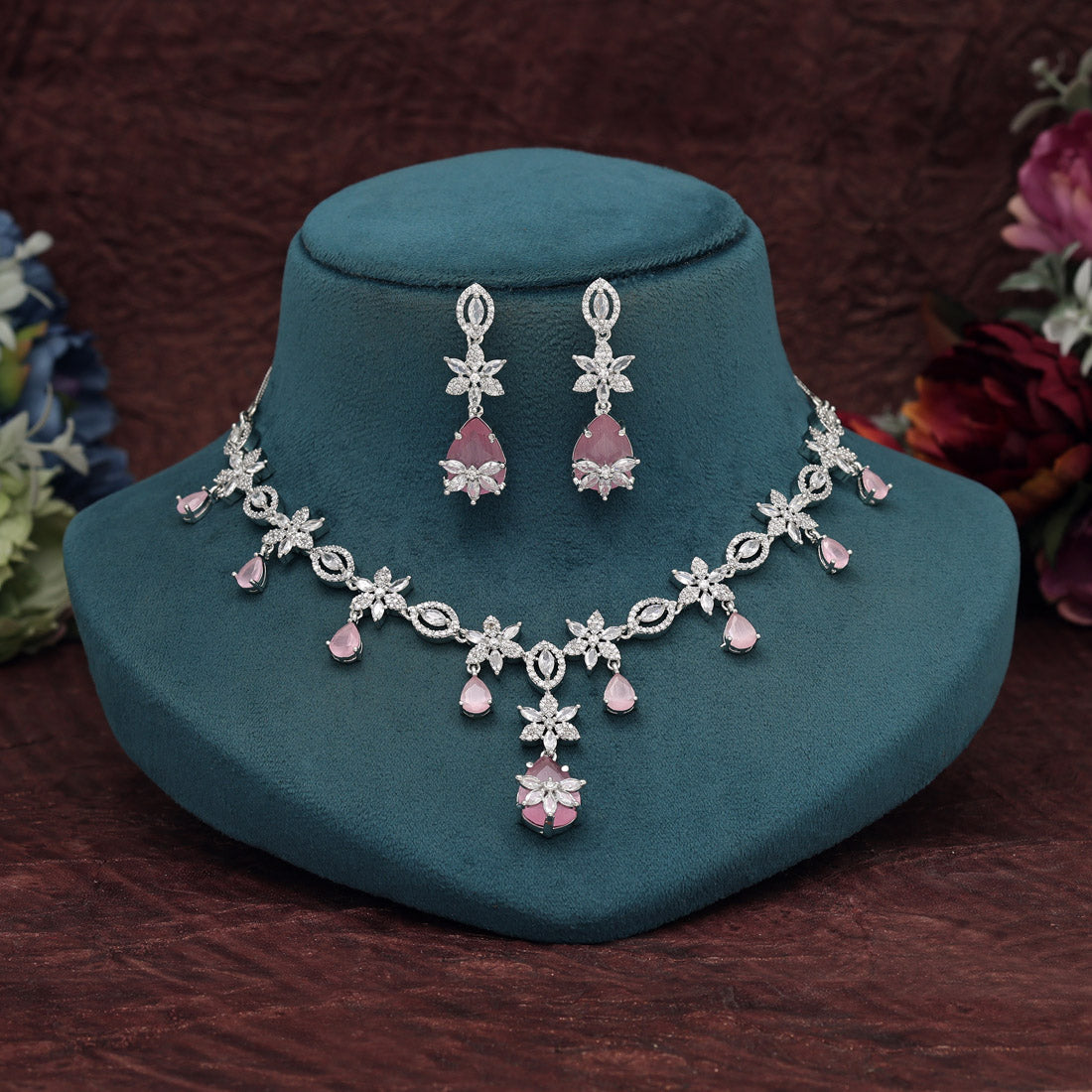 Pink Color American Diamond Necklace Set (CZN965PNK) - Preyans.com