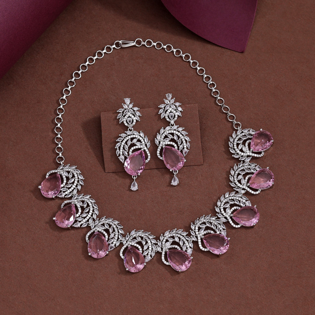 Pink Color American Diamond Premium Necklace Set (CZN966PNK) - preyans.com