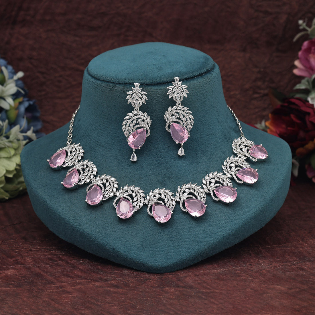 Pink Color American Diamond Premium Necklace Set (CZN966PNK) - preyans.com