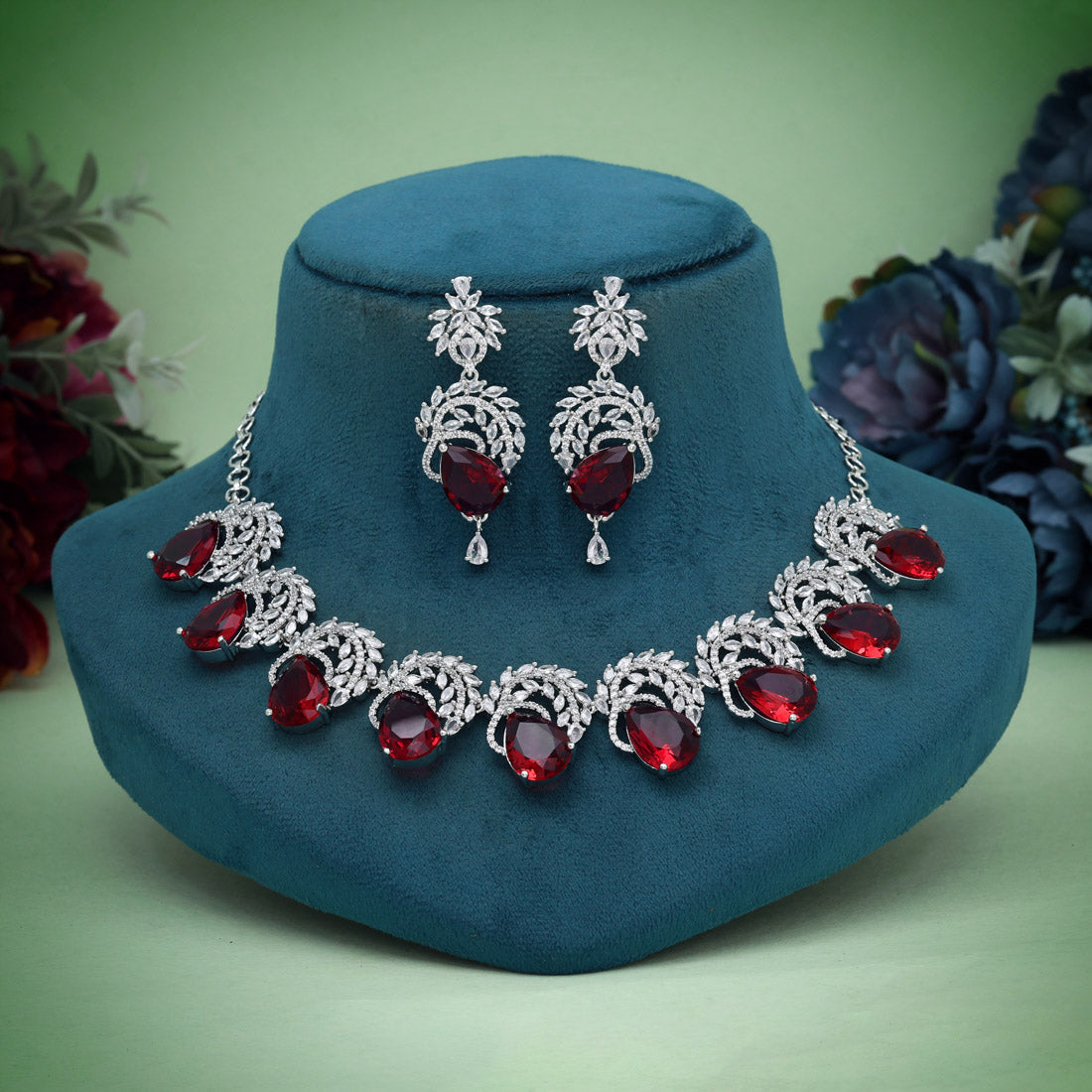 Ruby Color American Diamond Premium Necklace Set (CZN966RUBY) - preyans.com