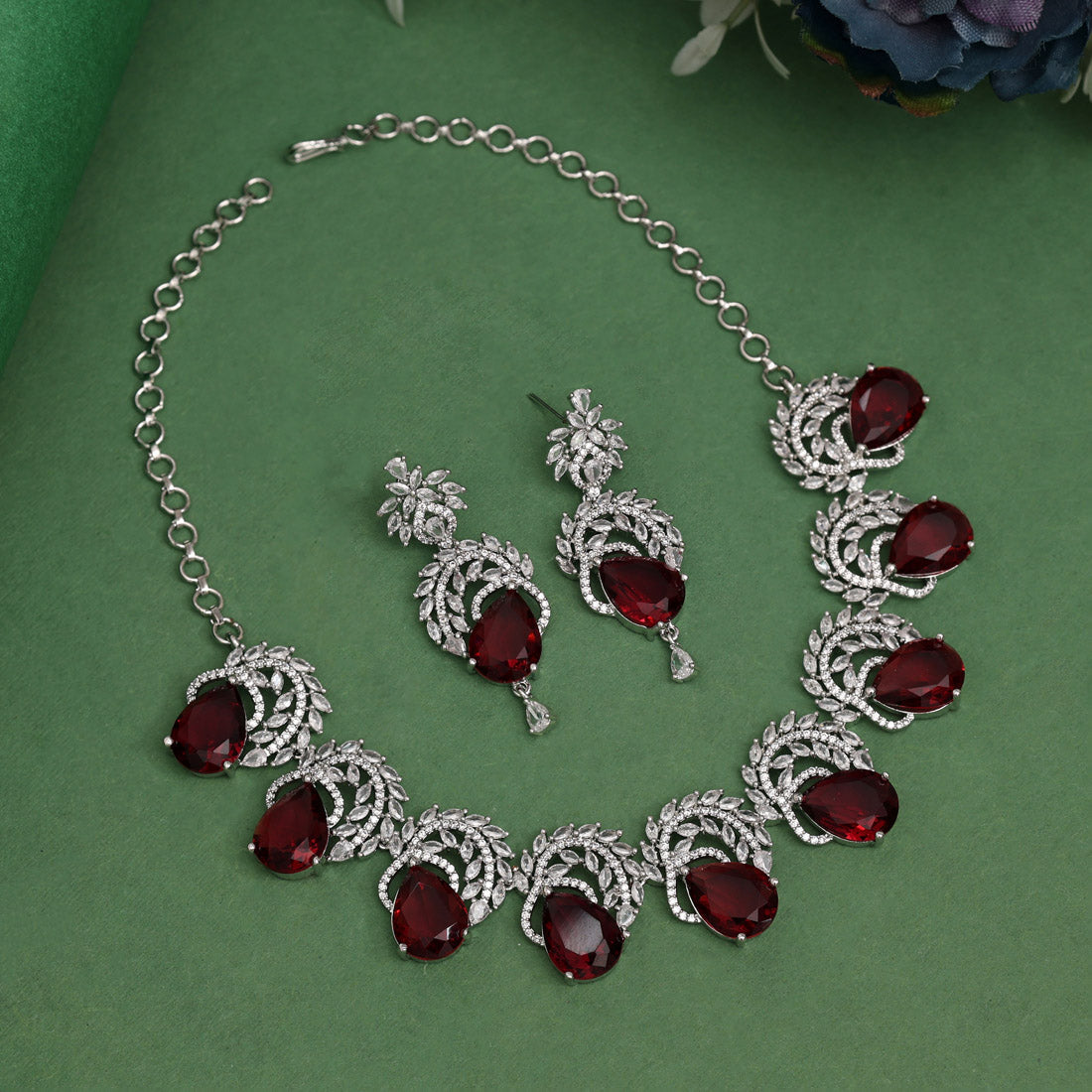 Ruby Color American Diamond Premium Necklace Set (CZN966RUBY) - preyans.com