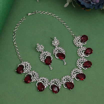 Ruby Color American Diamond Premium Necklace Set (CZN966RUBY) - preyans.com