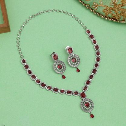 Ruby Color American Diamond Necklace Set (CZN968RUBY) - preyans.com