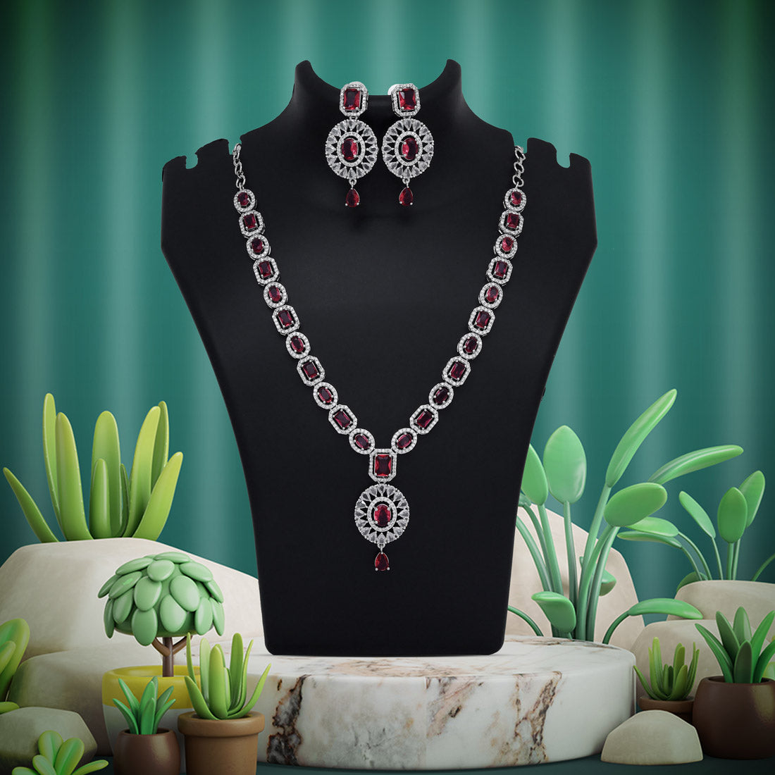 Ruby Color American Diamond Necklace Set (CZN968RUBY) - preyans.com