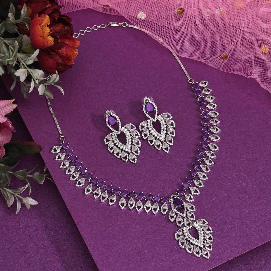 Purple Color American Diamond Necklace Set (CZN969PRP) - preyans.com