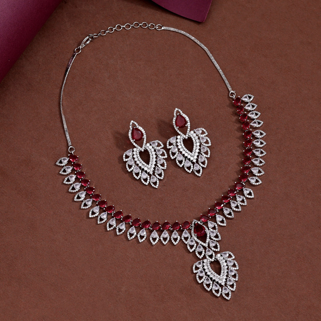 Ruby Color American Diamond Necklace Set (CZN969RUBY) - preyans.com