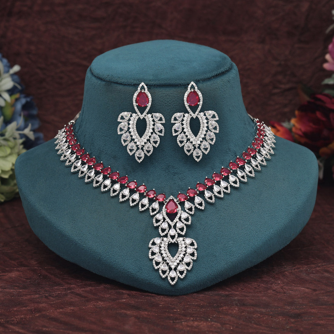 Ruby Color American Diamond Necklace Set (CZN969RUBY) - preyans.com