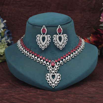 Ruby Color American Diamond Necklace Set (CZN969RUBY) - preyans.com