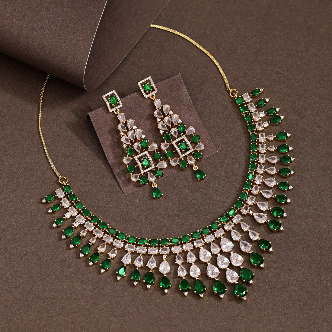 Green Color American Diamond Necklace Set (CZN970GRN) - preyans.com