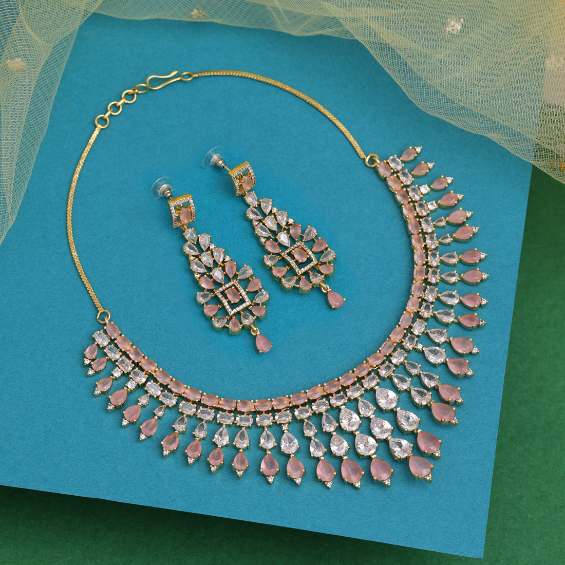 Pink Color American Diamond Necklace Set (CZN970PNK) - preyans.com