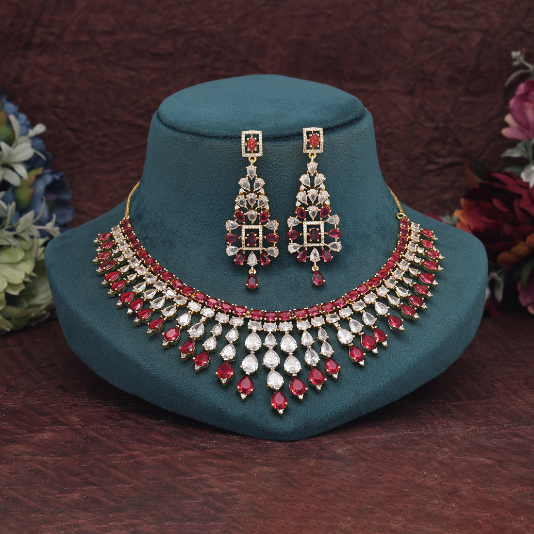 Ruby Color American Diamond Necklace Set (CZN970RUBY) - preyans.com