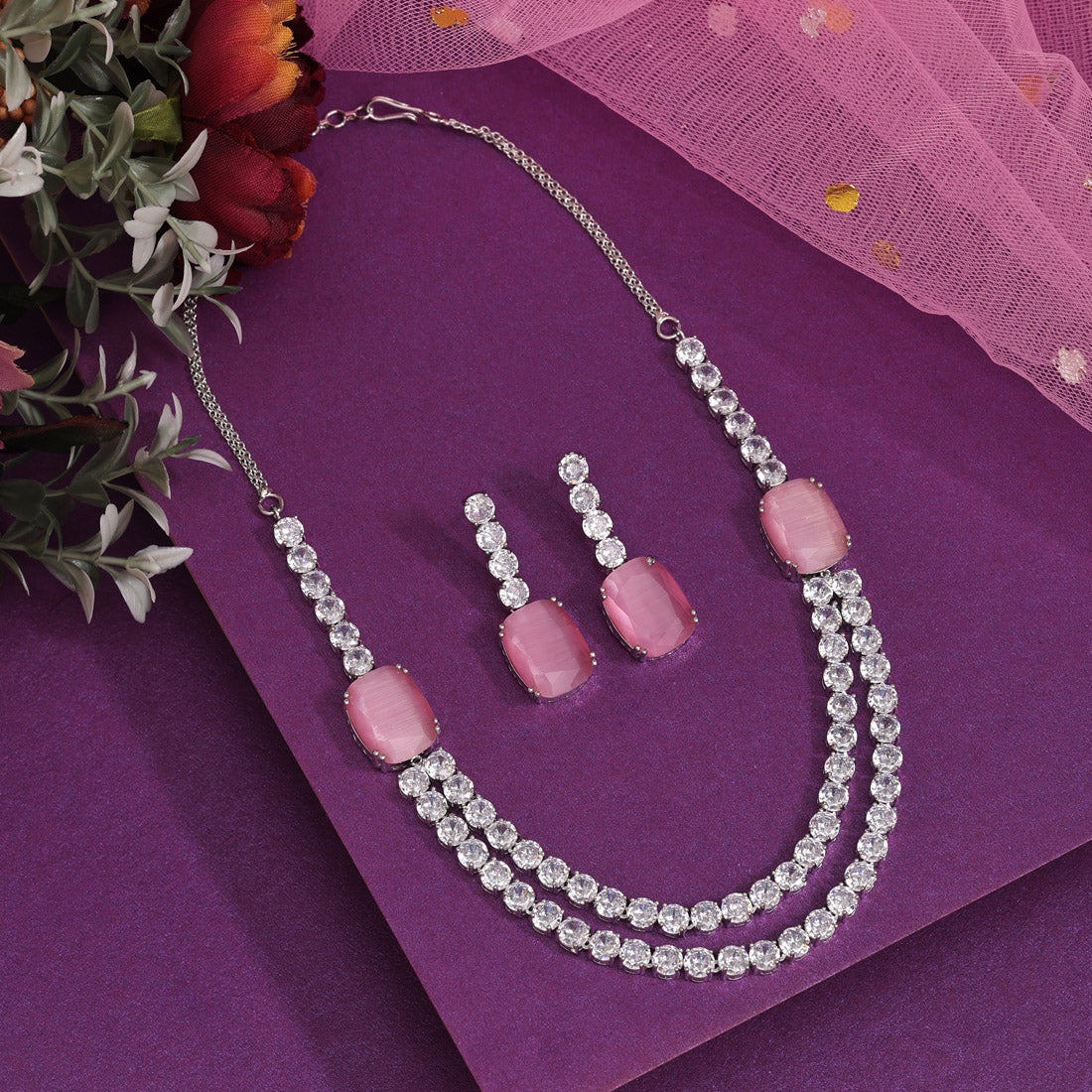 Pink Color American Diamond Necklace Set (CZN974PNK) - preyans.com