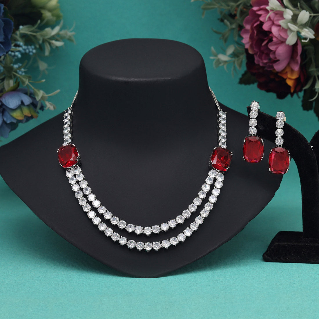 Ruby Color American Diamond Necklace Set (CZN974RUBY) - preyans.com