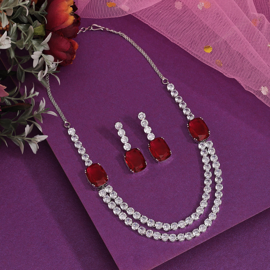 Ruby Color American Diamond Necklace Set (CZN974RUBY) - preyans.com