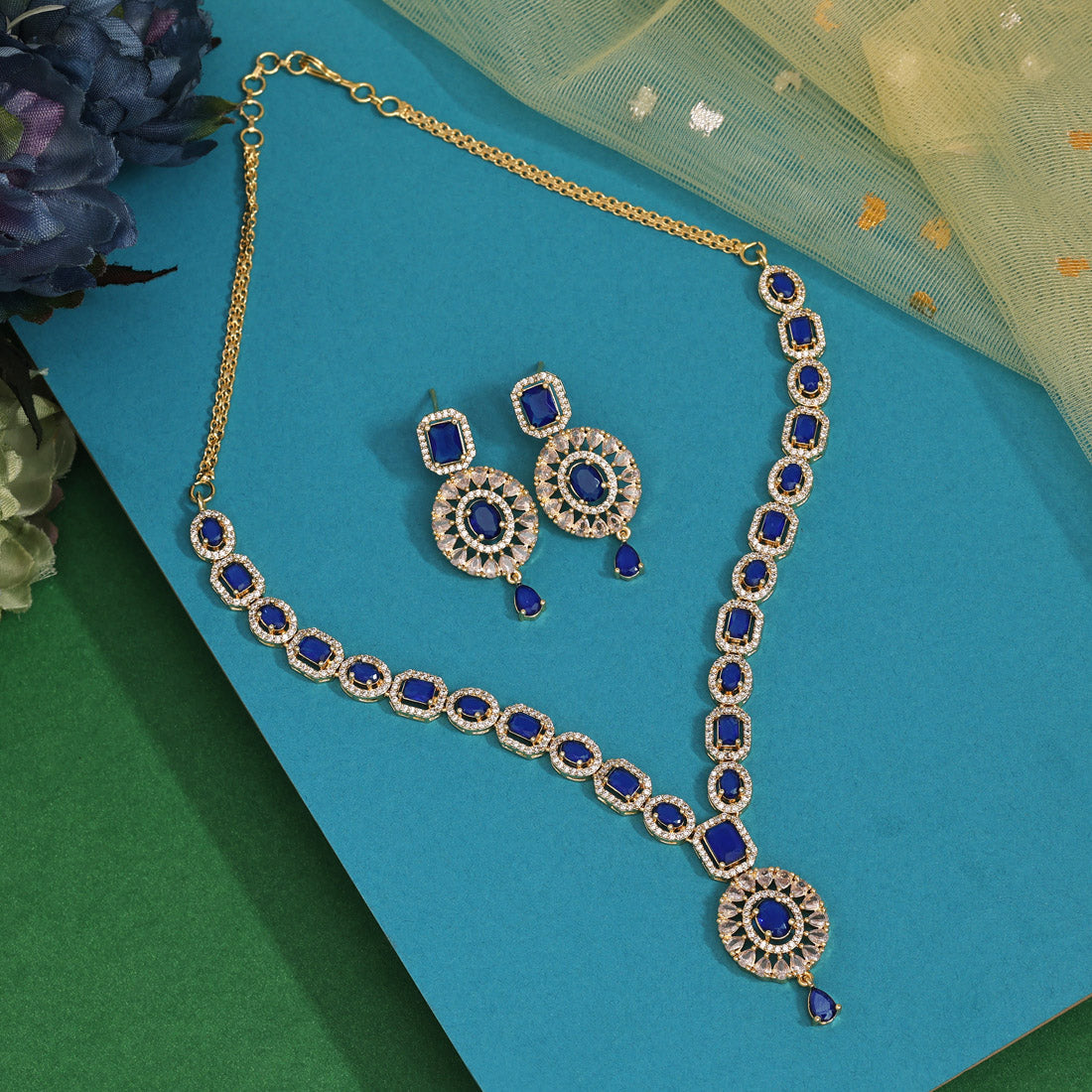 Blue Color American Diamond Necklace Set (CZN976BLU) - preyans.com