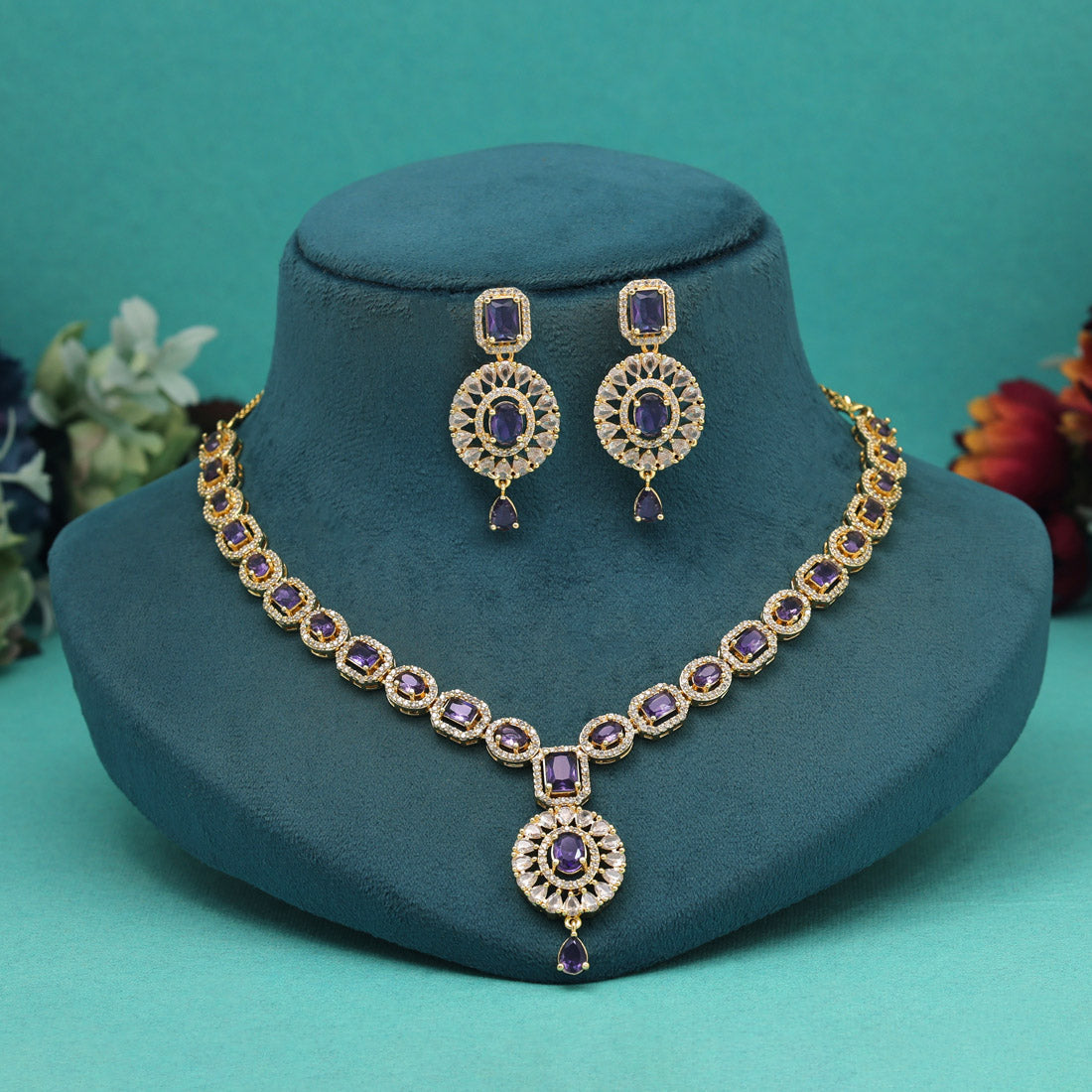 Purple Color American Diamond Necklace Set (CZN976PRP) - preyans.com