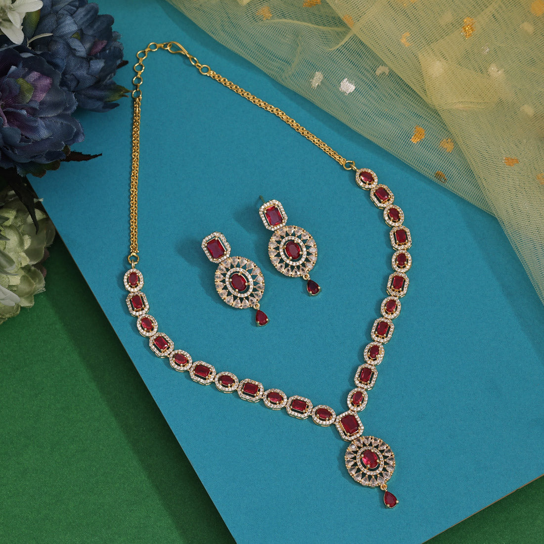 Ruby Color American Diamond Necklace Set (CZN976RUBY) - preyans.com