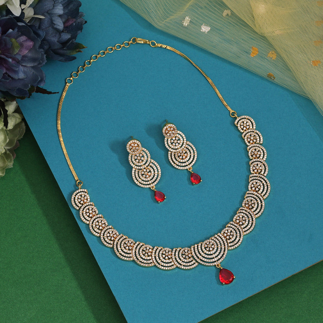 Ruby Color American Diamond Necklace Set (CZN977RUBY) - preyans.com