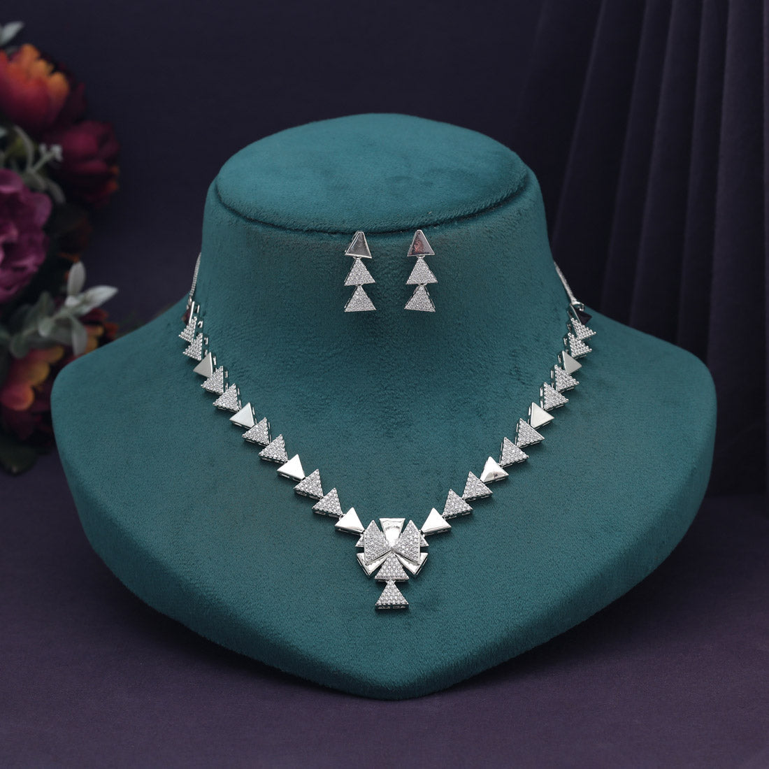 Silver Color American Diamond Necklace Set (CZN981SLV) - preyans.com