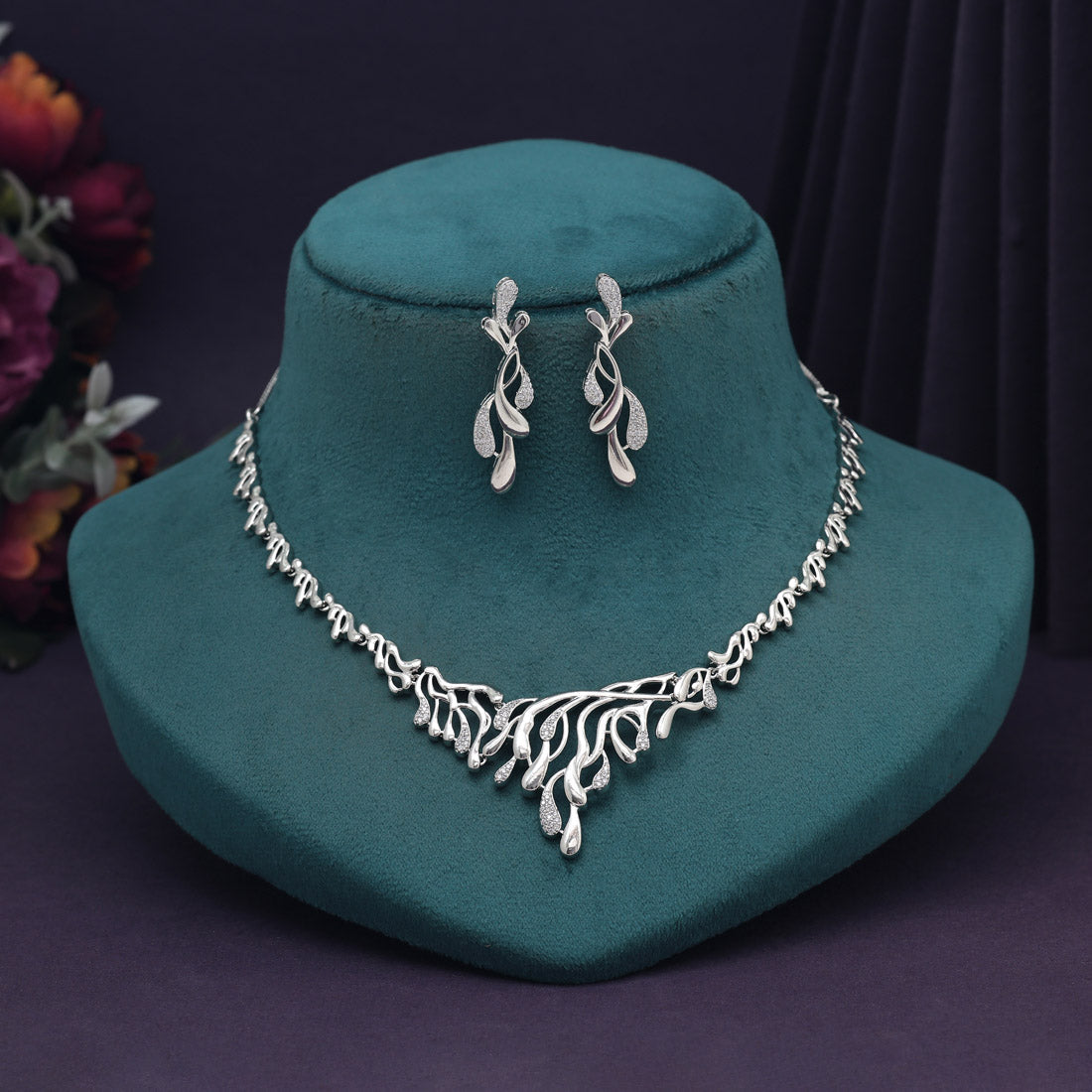 Silver Color American Diamond Necklace Set (CZN982SLV) - preyans.com