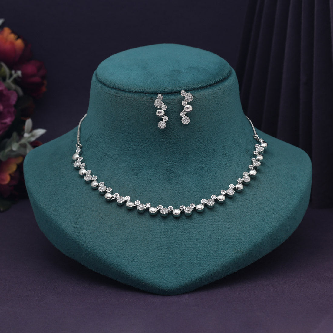 Silver Color American Diamond Necklace Set (CZN984SLV) - preyans.com