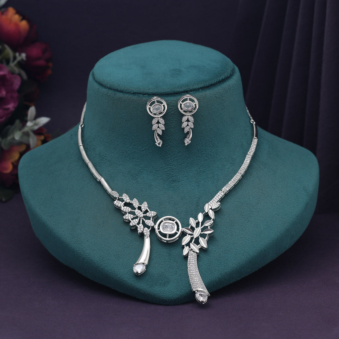 Silver Color American Diamond Necklace Set (CZN990SLV) - preyans.com