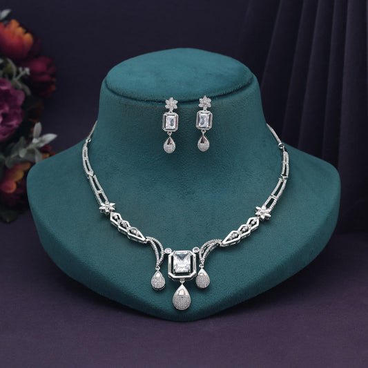 Silver Color American Diamond Necklace Set (CZN991SLV) - preyans.com