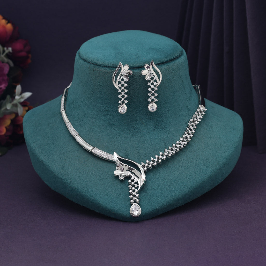 Silver Color American Diamond Necklace Set (CZN993SLV) - preyans.com