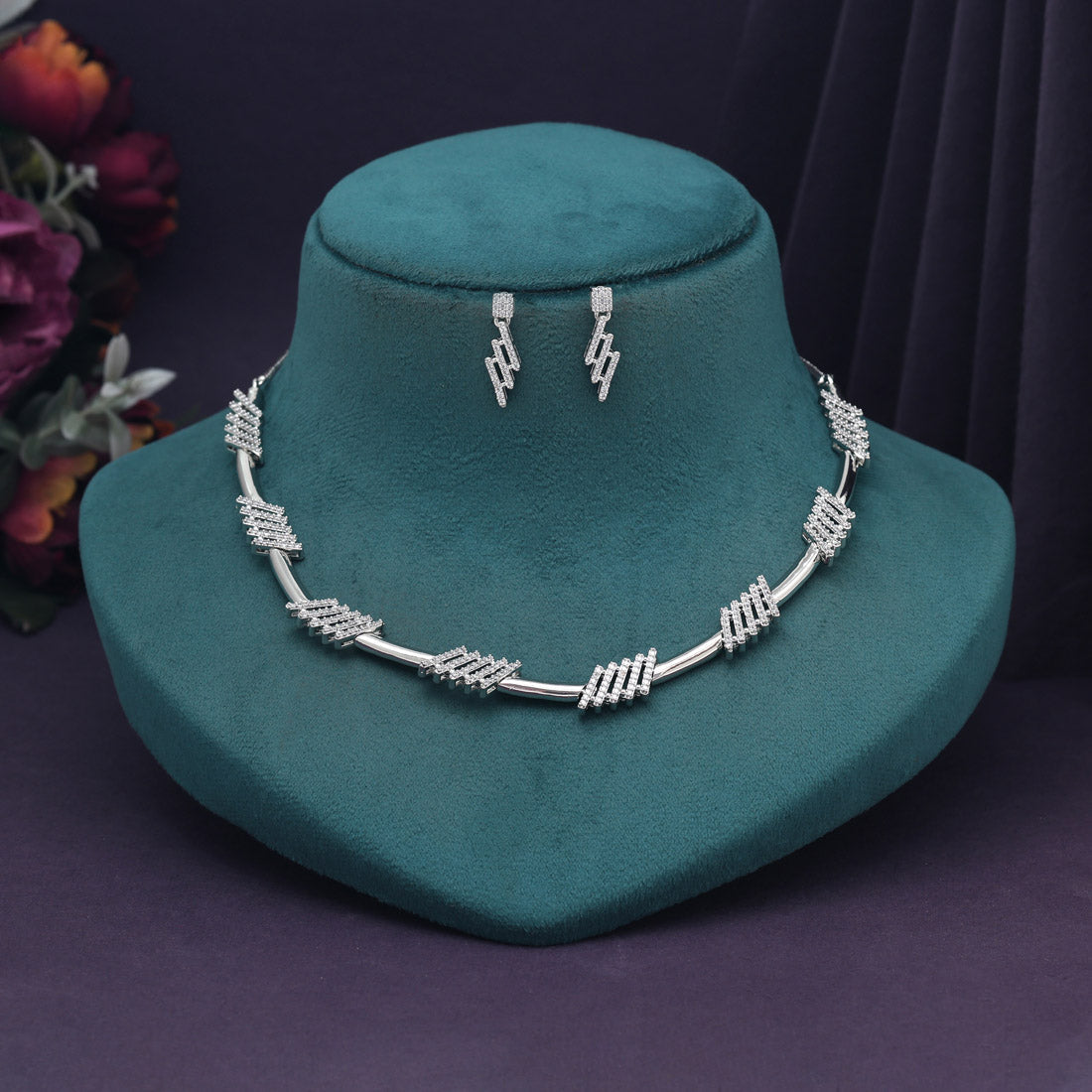 Silver Color American Diamond Necklace Set (CZN996SLV) - preyans.com