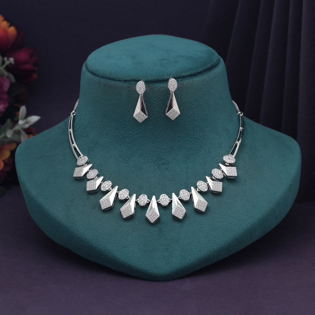 Silver Color American Diamond Necklace Set (CZN999SLV) - preyans.com