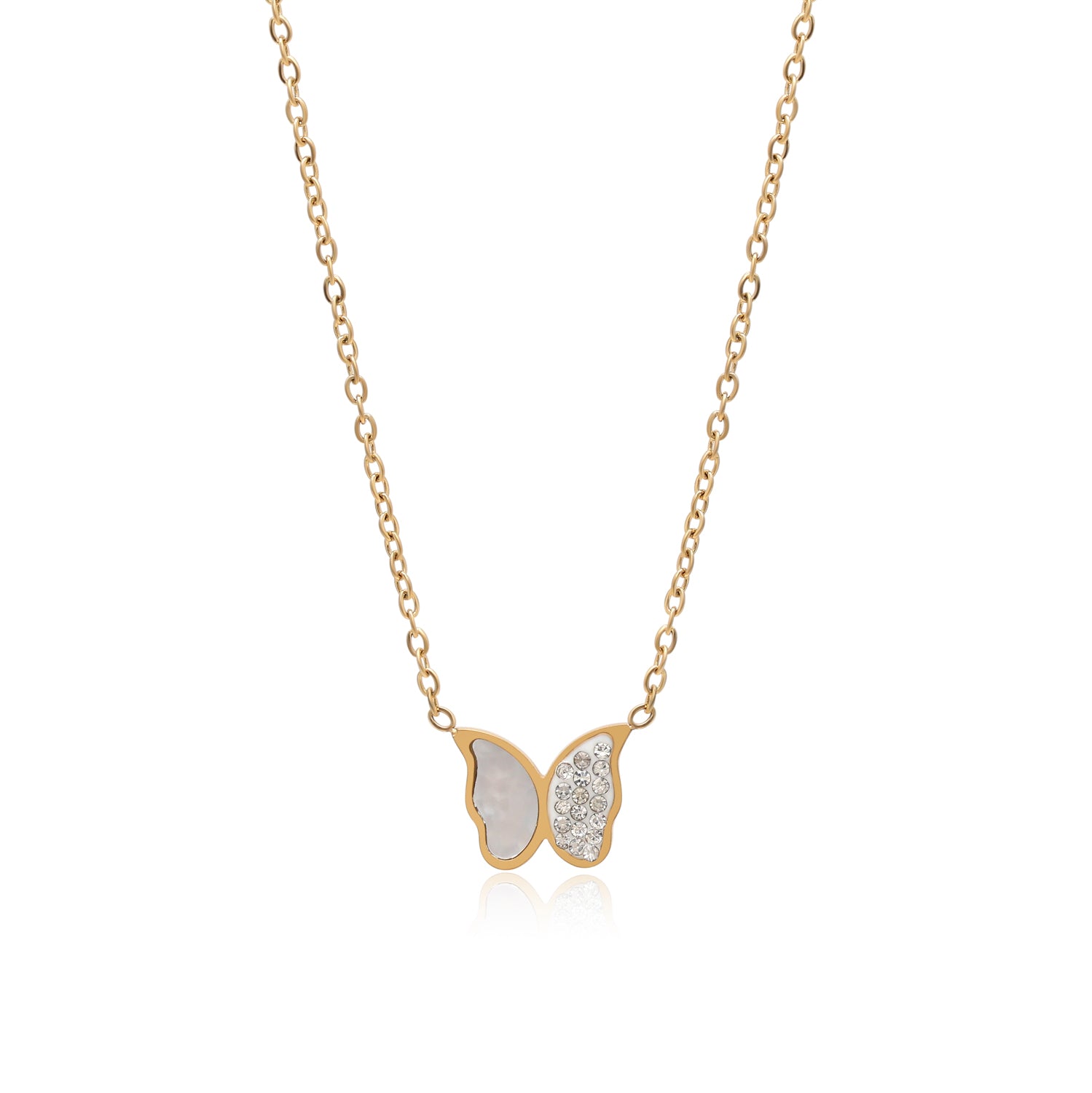 Gold Color Butterfly Shape Surgical Steel 18k Gold Plated American Diamond Demi Fine Necklace - Preyans.com