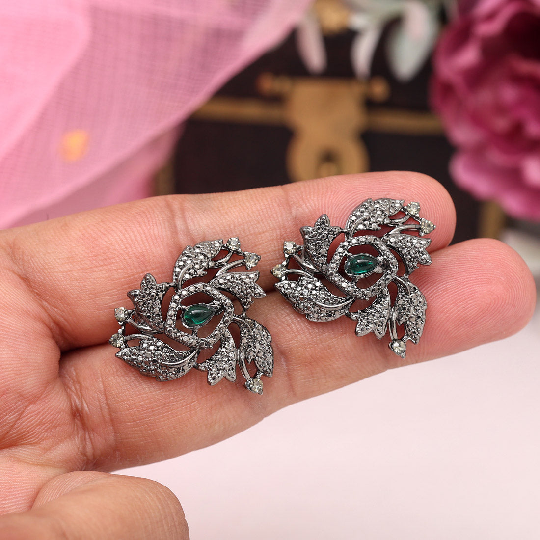 Green Color Black Antique Earrings (DRKDE172GRN) - Preyans.com