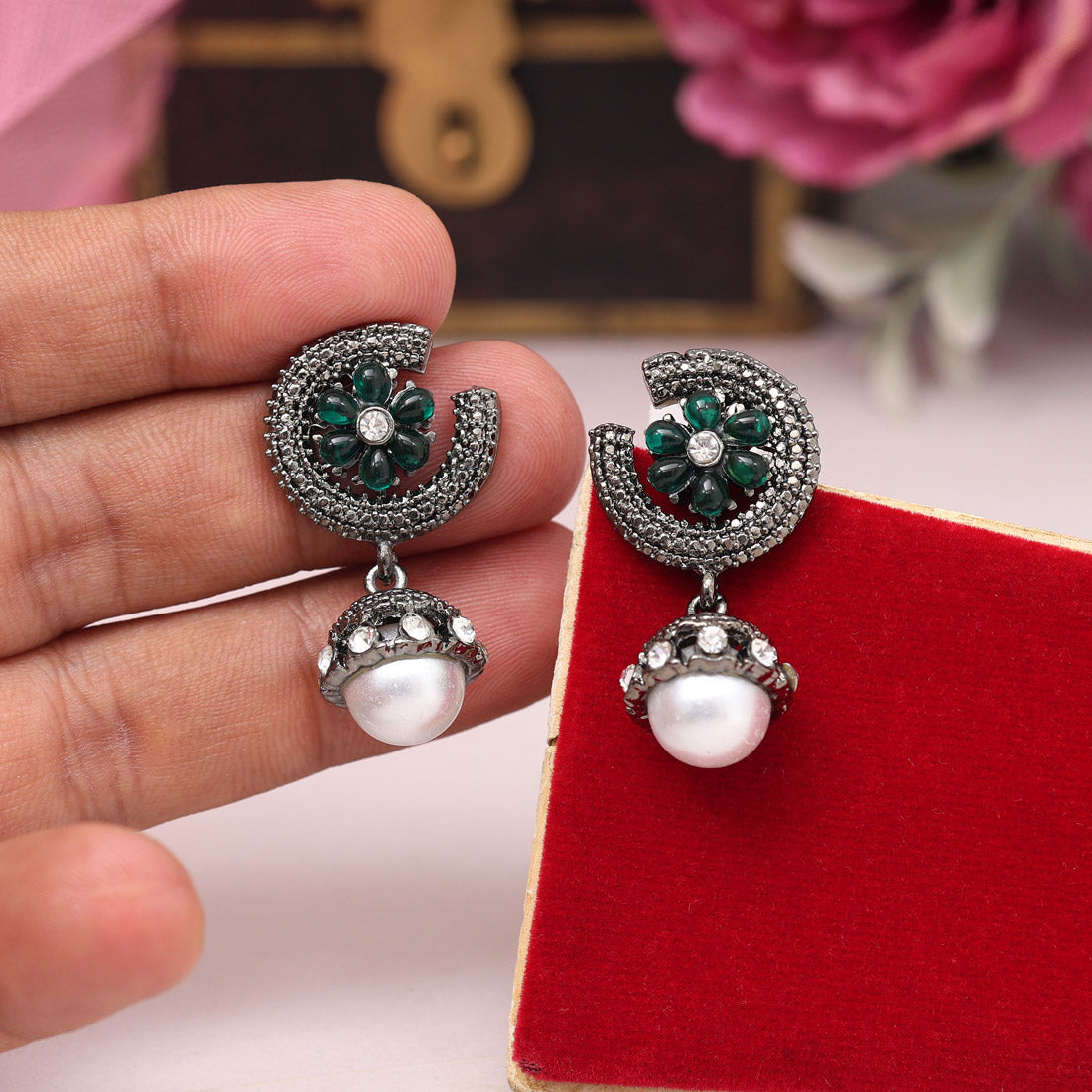 Green Color Black Antique Earrings (DRKDE173GRN) - Preyans.com