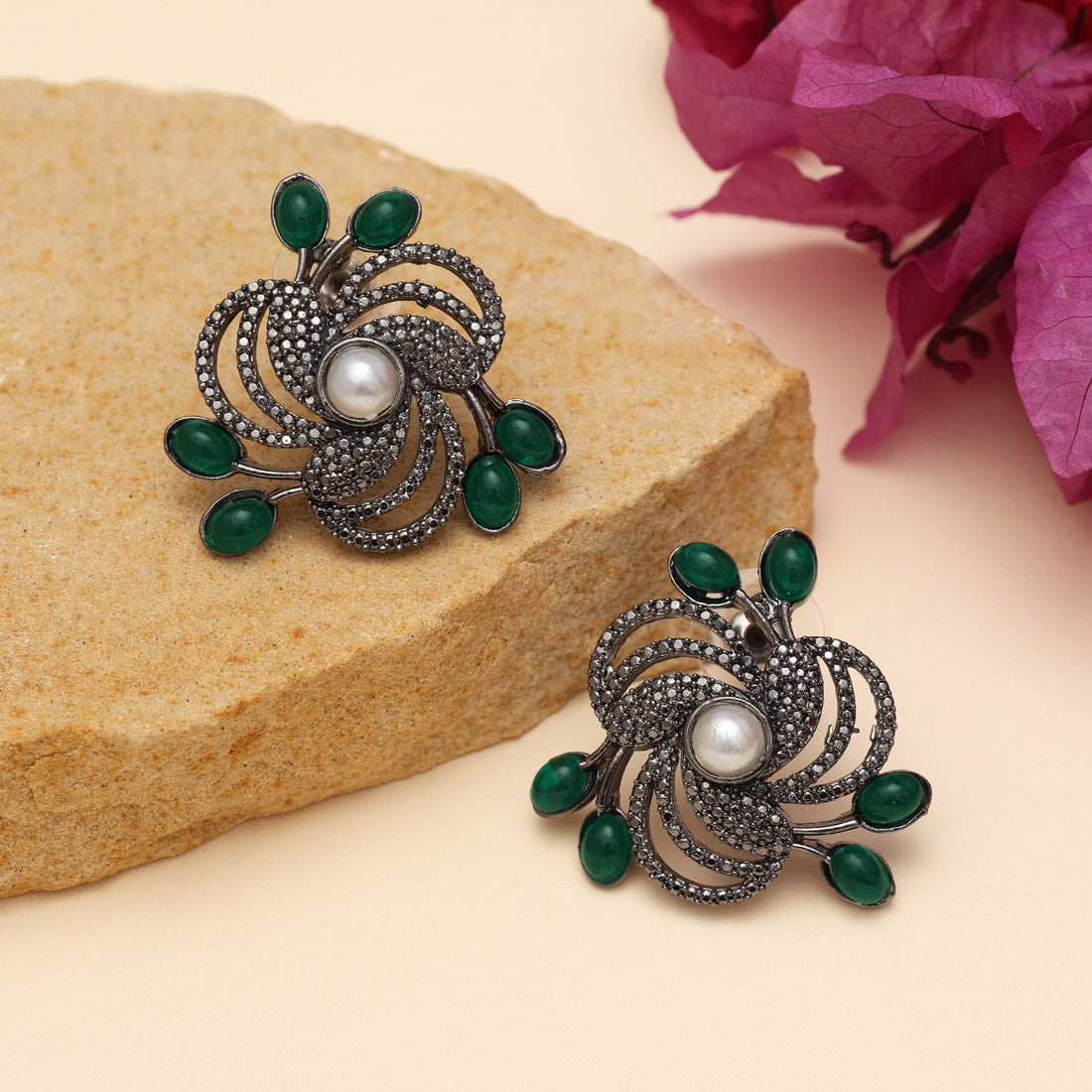 Green Color Black Antique Earrings (DRKDE174GRN) - Preyans.com