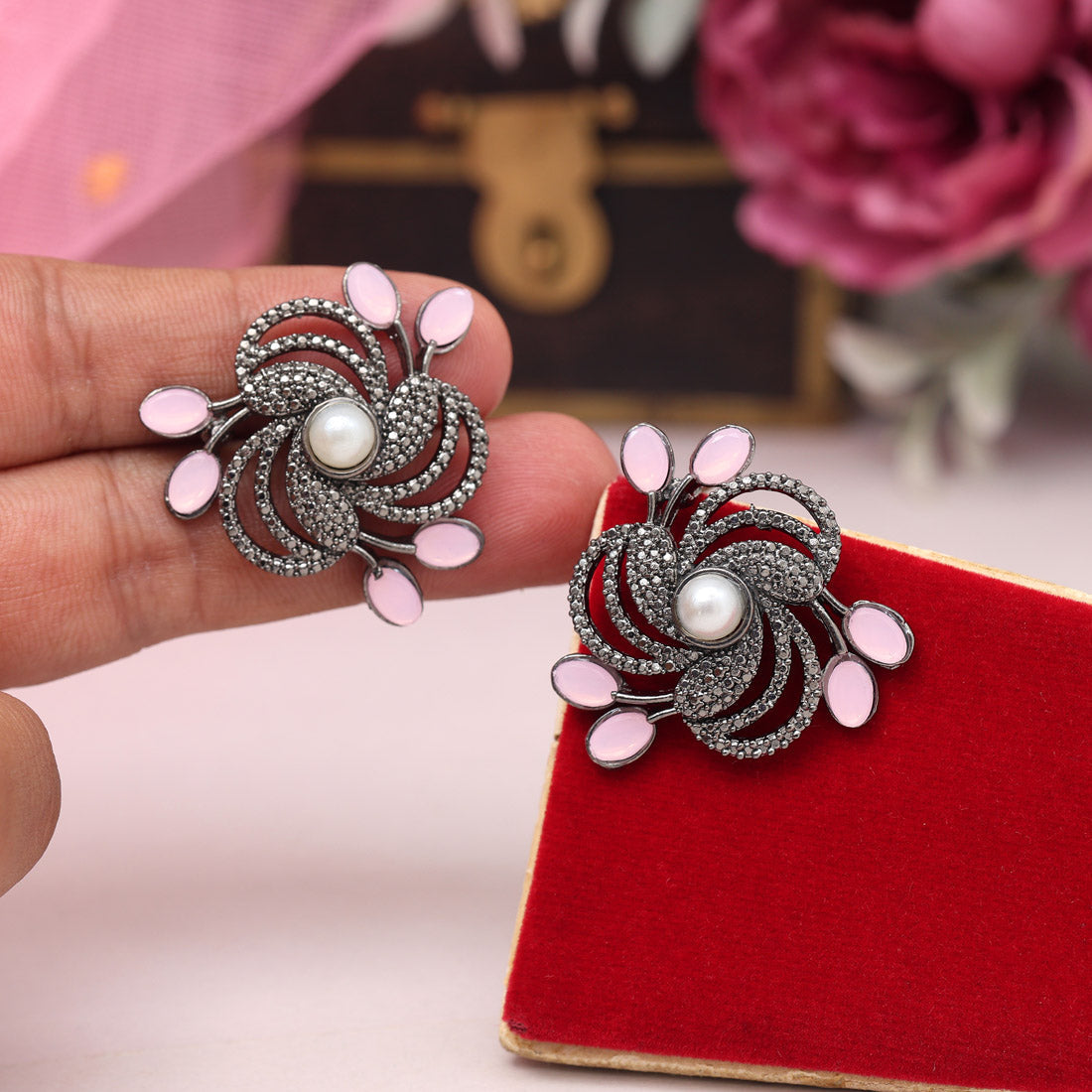 Pink Color Black Antique Earrings (DRKDE174PNK) - Preyans.com