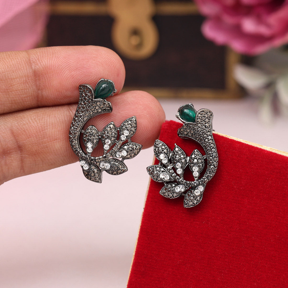 Green Color Black Antique Earrings (DRKDE176GRN) - Preyans.com