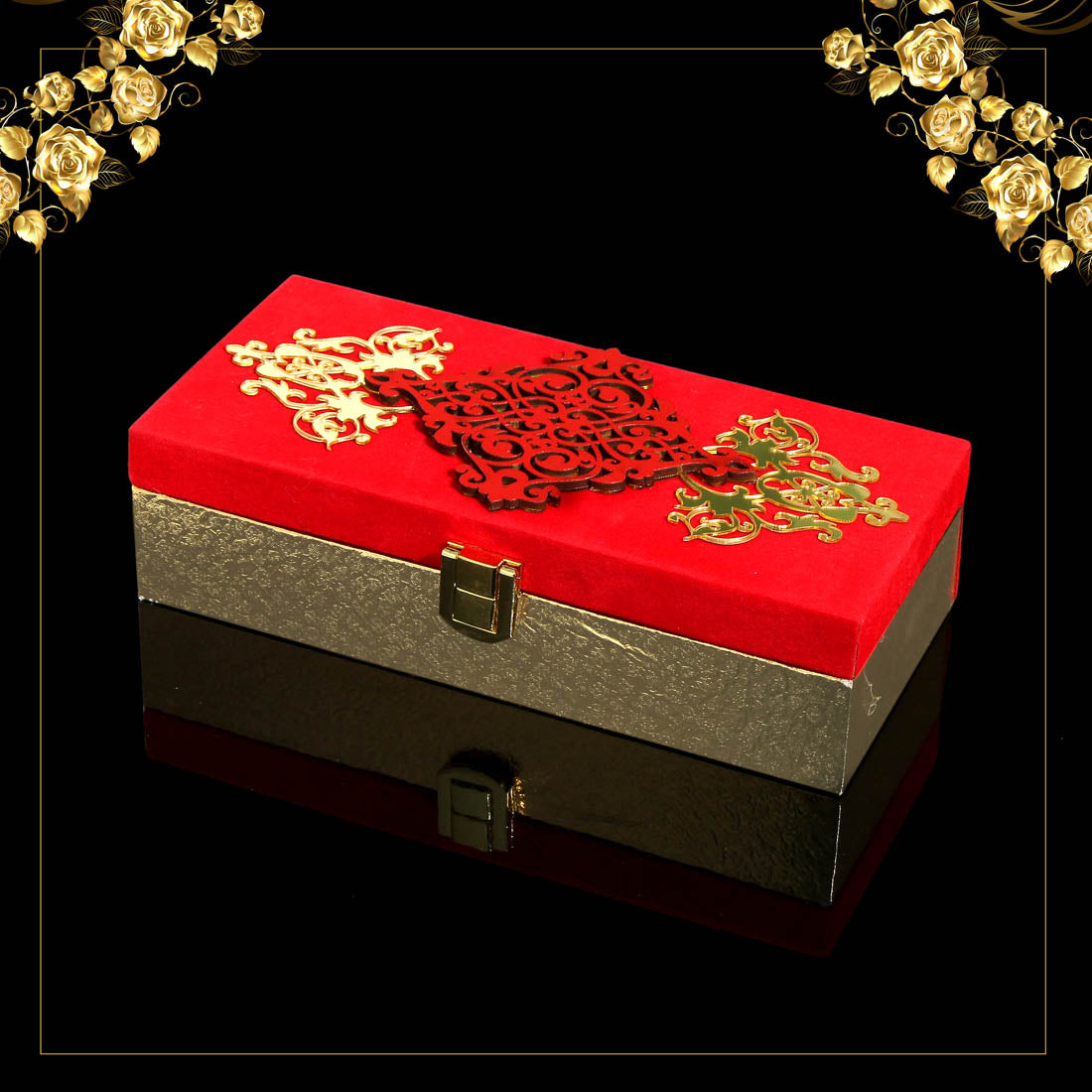 Red & Gold Color Designer Cash/Shagun Box (Red Velvet With Gold Acrylic Design) For Wedding, Engagement, Gift Money Box (ENV101REDGLD) - preyans.com