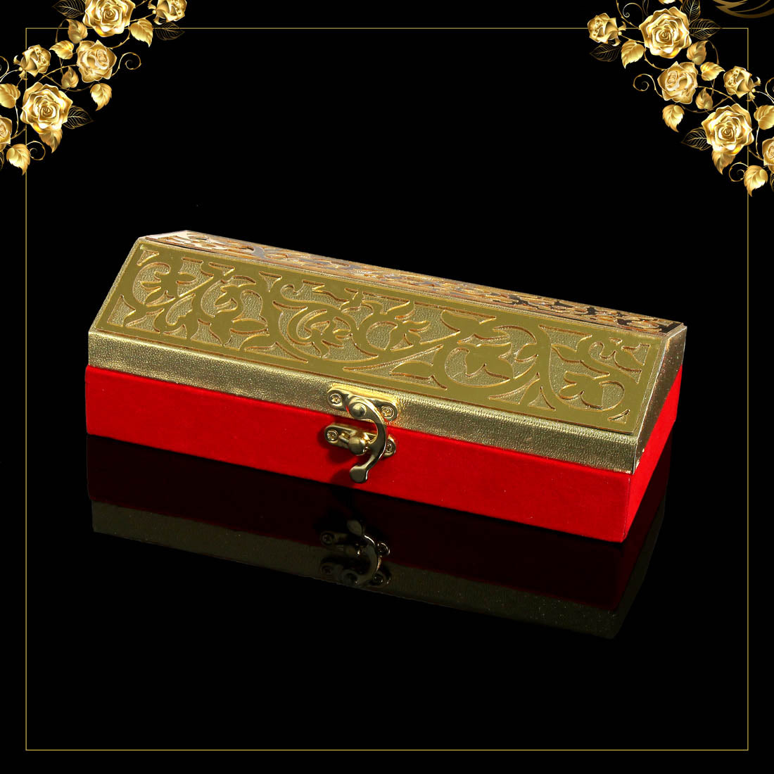 Red & Gold Color Designer Cash/Shagun Box (Red Velvet With Gold Acrylic Design) For Wedding, Engagement, Gift Money Box (ENV102REDGLD) - preyans.com