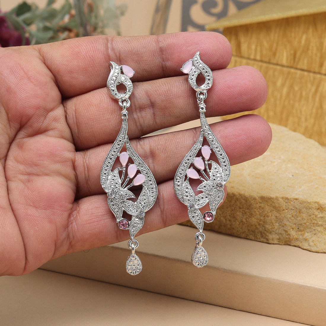 Pink Color Fashion Earrings With Glamorous Shine And Stone Embellishment - Preyans.com