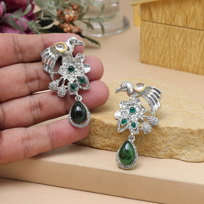 Green Color Fashion Earrings With Peacock Motif And Mirror Accent - Preyans.com