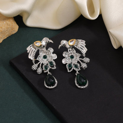 Green Color Fashion Earrings With Peacock Motif And Mirror Accent - Preyans.com