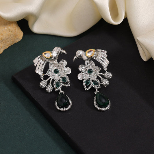 Green Color Fashion Earrings With Peacock Motif And Mirror Accent - Preyans.com