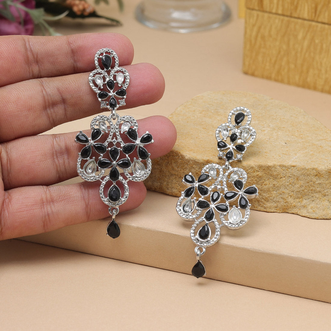 Black Color Fashion Earrings In Dual Tone Finish For Occasions - Preyans.com