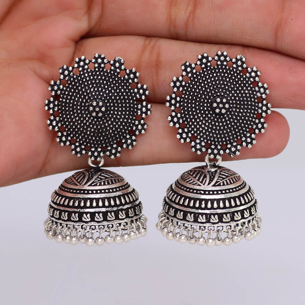 Oxidised Silver Plated Handmade Jhumka Brass Earrings (GSE247SLV) - Preyans.com