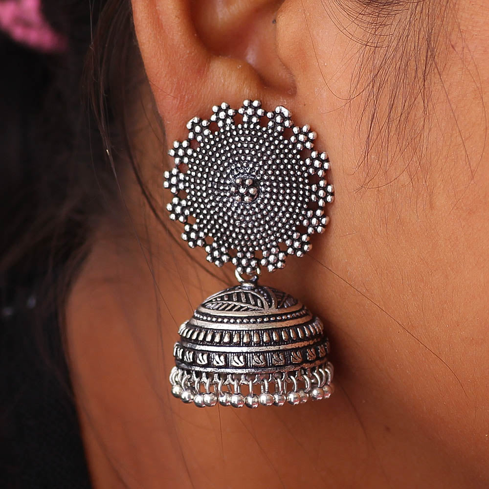 Oxidised Silver Plated Handmade Jhumka Brass Earrings (GSE247SLV) - Preyans.com