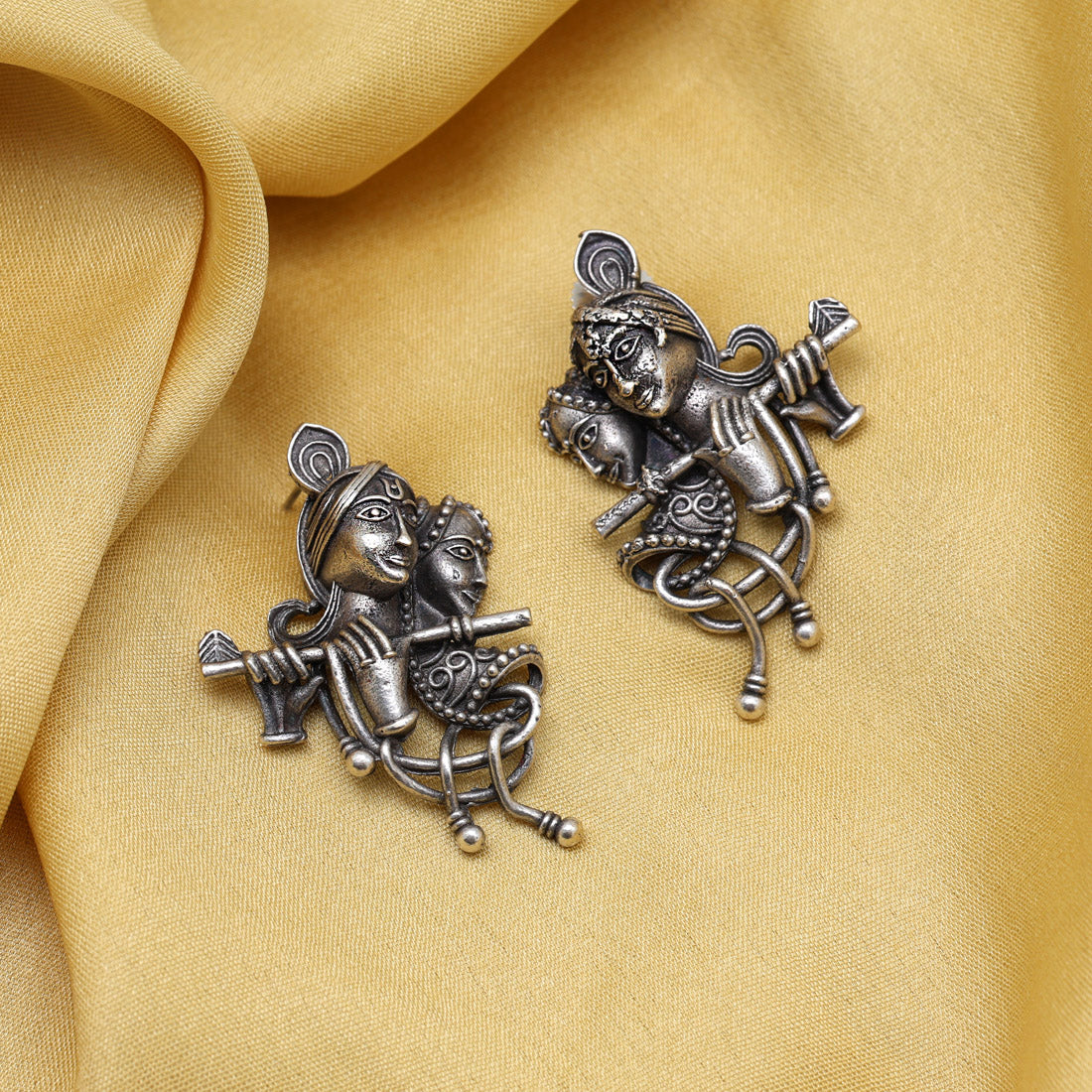 Silver Color Lord Radha Krishna Oxidised Earrings (GSE2826SLV) - preyans.com