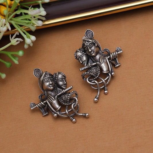 Silver Color Lord Radha Krishna Oxidised Earrings (GSE2826SLV) - preyans.com