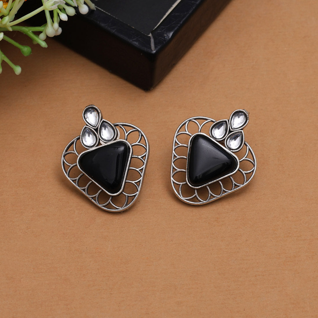 Black Color Monalisa Stone Oxidised Earrings (GSE2829BLK) - preyans.com