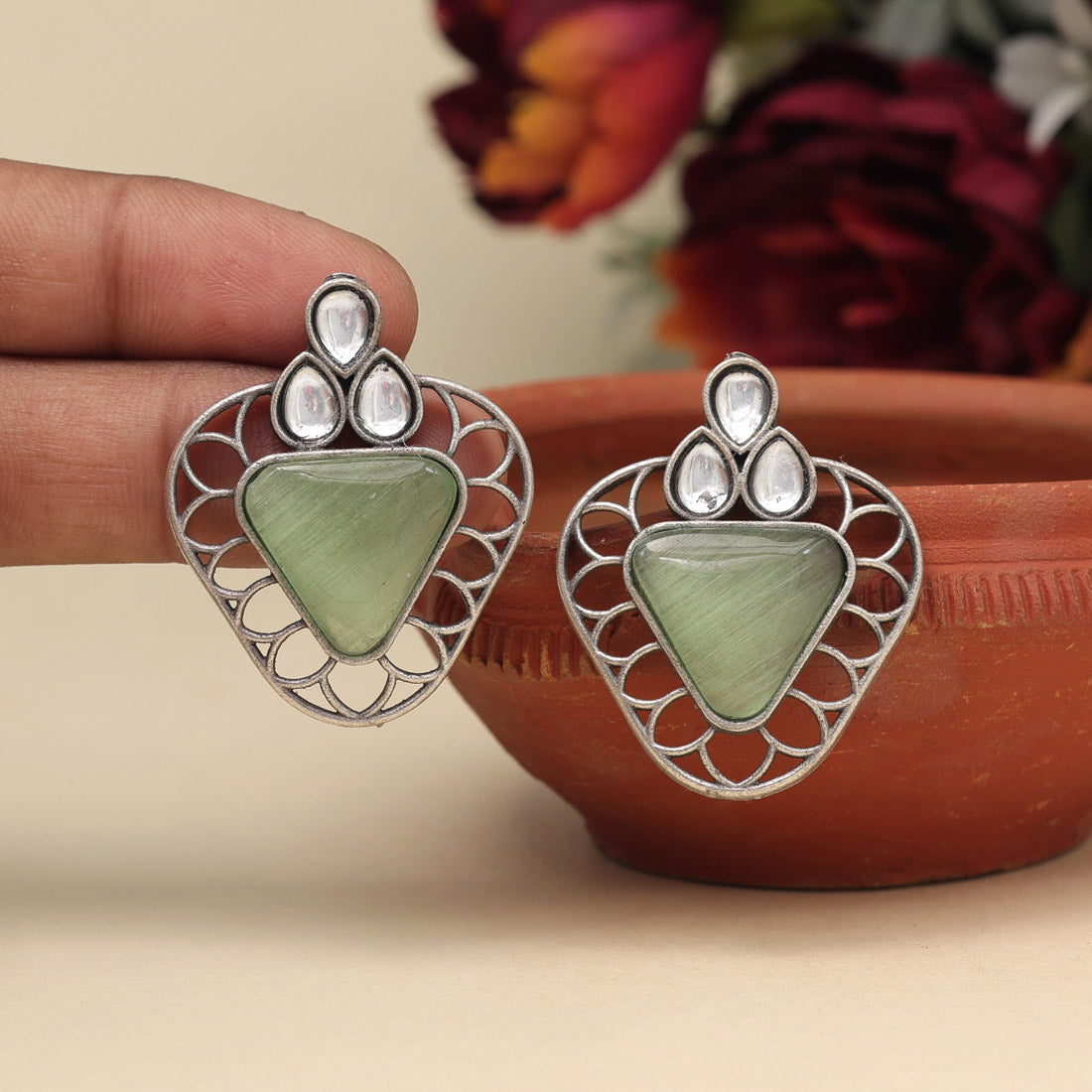 Light Green Color Monalisa Stone Oxidised Earrings (GSE2829LGRN) - preyans.com