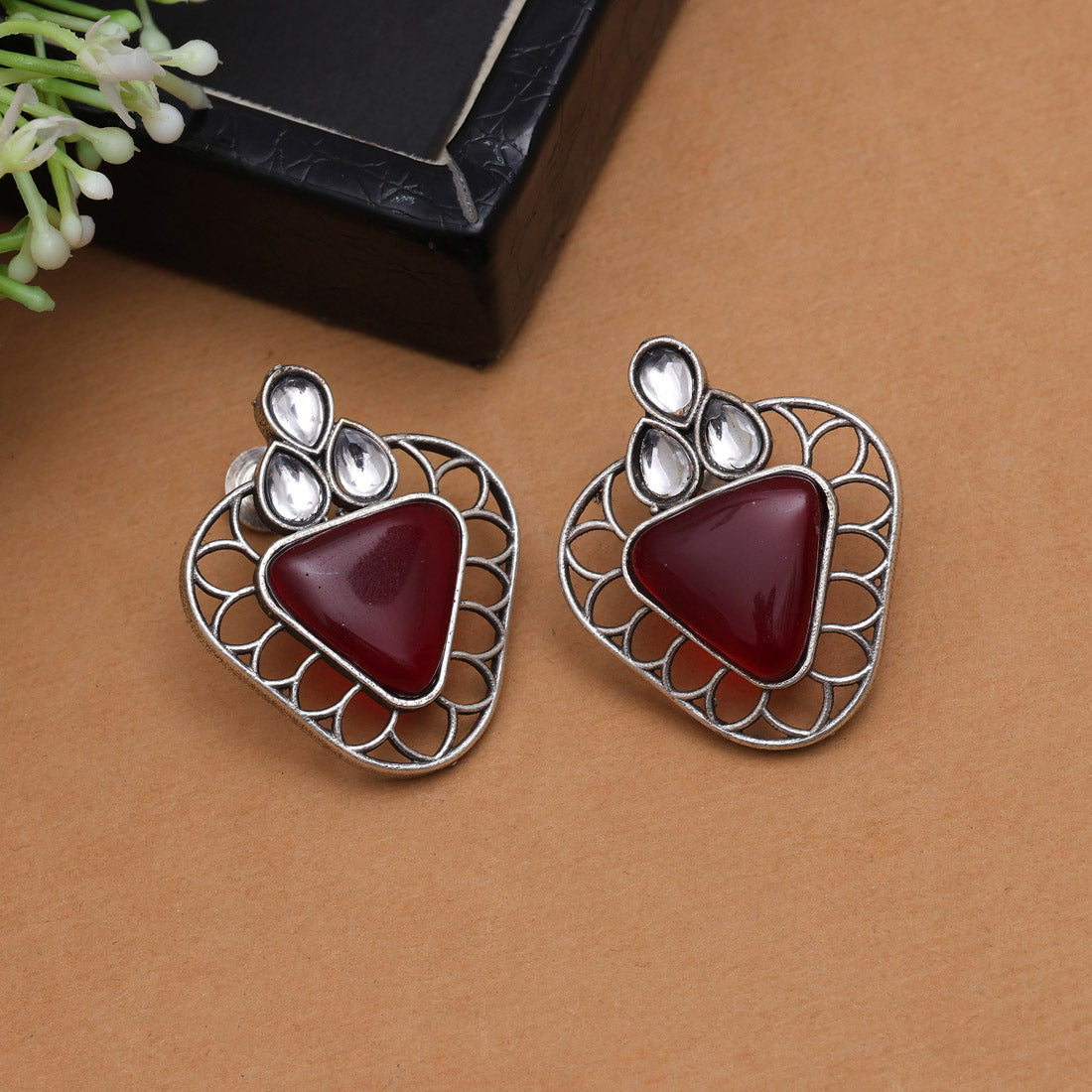 Maroon Color Monalisa Stone Oxidised Earrings (GSE2829MRN) - preyans.com